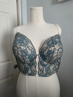 Torrid Longline Balconette Bra Teal/Blue Lace Over Cream 46B